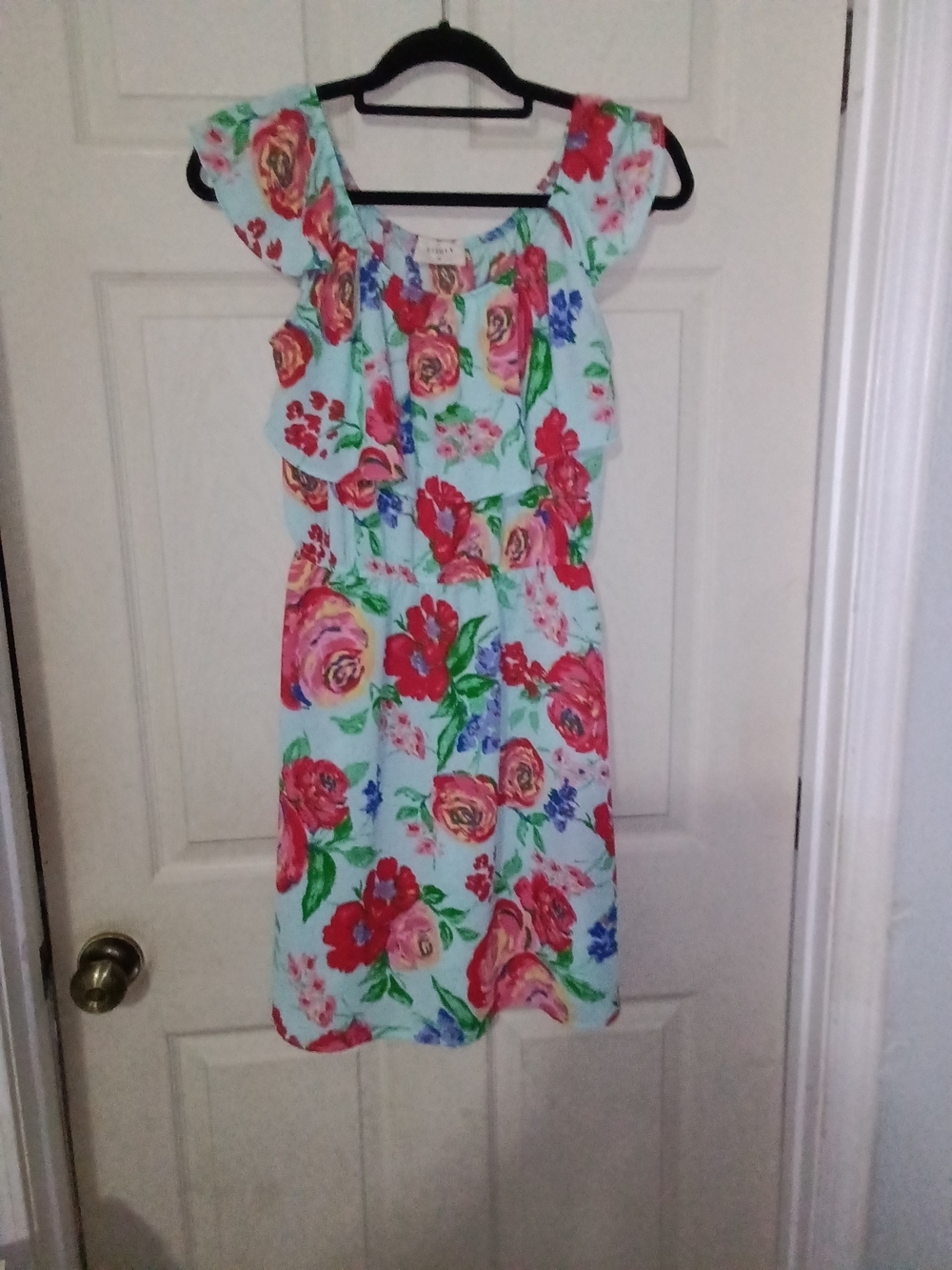 Ladies Floral Ruffle Summer Dress - Mint with Pink & Red Blooms Medium